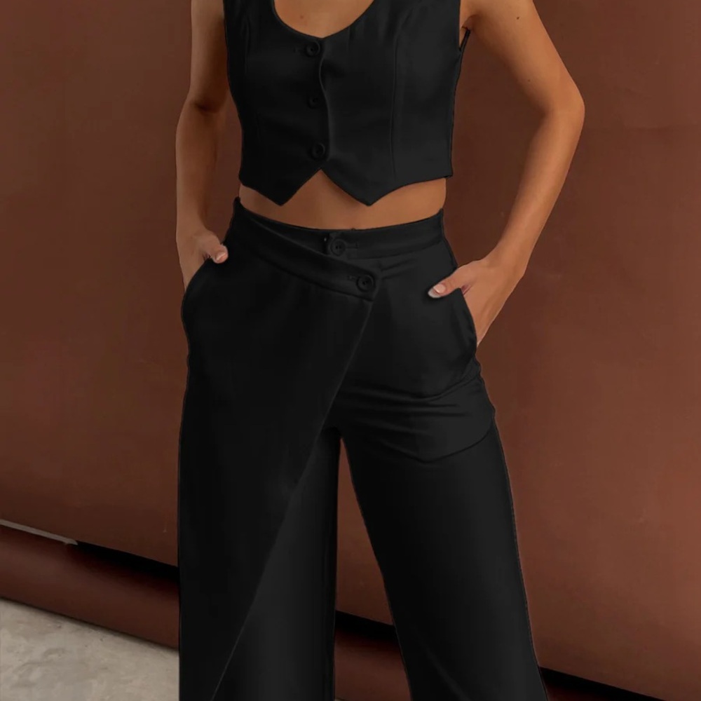 Commense Black Wide Leg Asymmetrical Pant Set